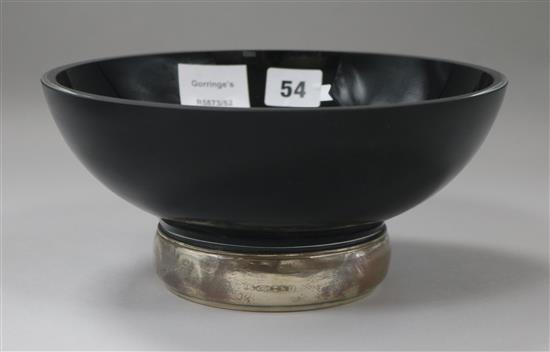 A modern silver mounted black glass presentation rose bowl, inscribed Dia.23cm